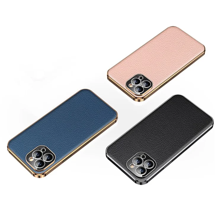 Anti-Drop Slim Case for iPhone 14 Pro Max Protective Case Genuine Leather Coated Electroplating TPU Phone Case - Black