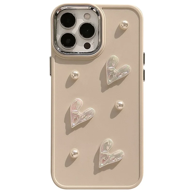 For iPhone 15 Pro Max Case Pearl Heart Aesthetic Shockproof TPU Phone Cover - Beige