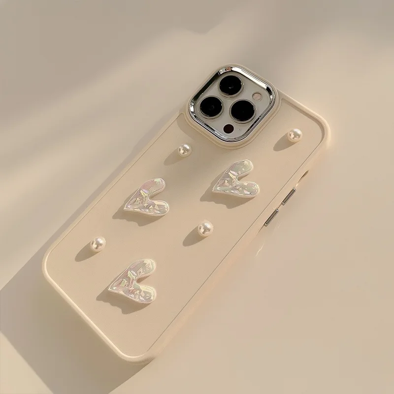 For iPhone 15 Pro Max Case Pearl Heart Aesthetic Shockproof TPU Phone Cover - Beige