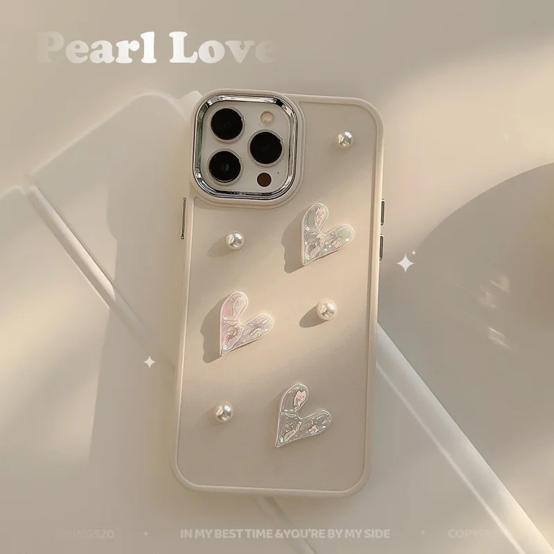 For iPhone 15 Pro Max Case Pearl Heart Aesthetic Shockproof TPU Phone Cover - Beige