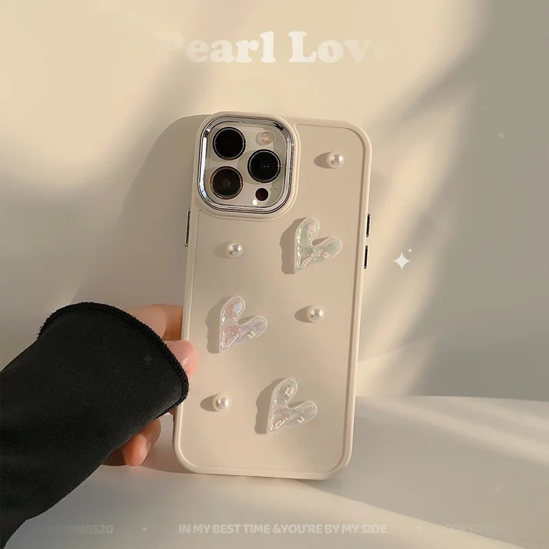 For iPhone 15 Pro Max Case Pearl Heart Aesthetic Shockproof TPU Phone Cover - Beige