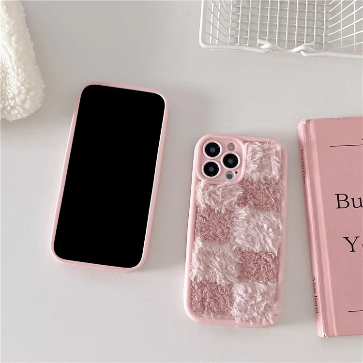 For iPhone 15 Pro Max Case Plush Patchwork Grid Shockproof TPU Phone Cover - Pink