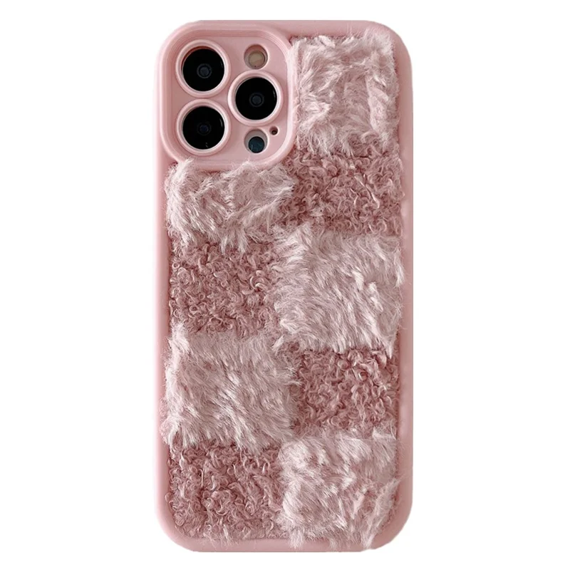 For iPhone 15 Pro Case Plush Patchwork Grid Shockproof TPU Phone Cover - Pink