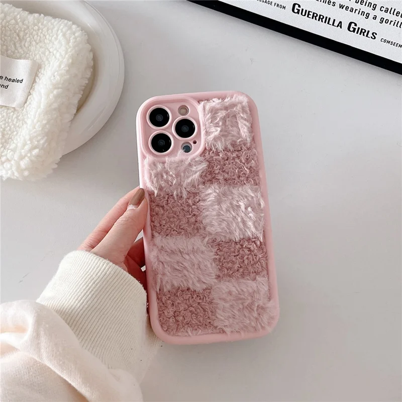 For iPhone 15 Pro Case Plush Patchwork Grid Shockproof TPU Phone Cover - Pink