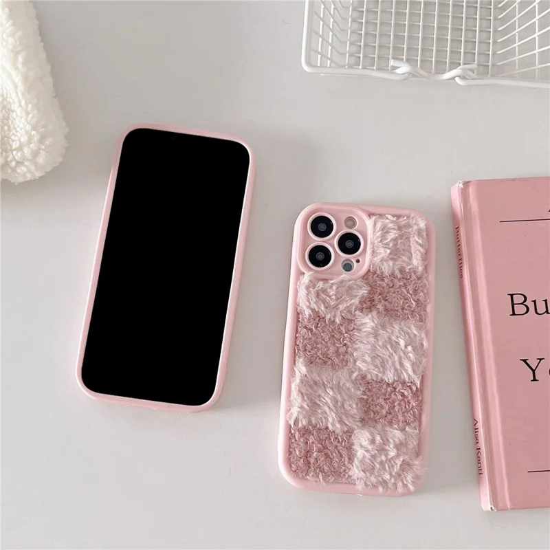 For iPhone 15 Pro Case Plush Patchwork Grid Shockproof TPU Phone Cover - Pink