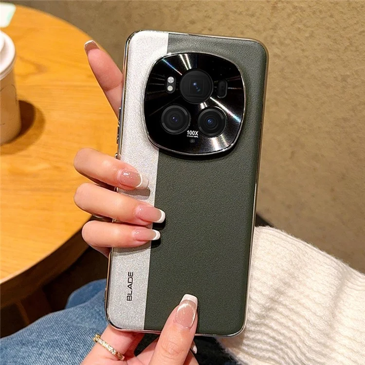For Honor Magic6 Pro 5G Case Splicing PU Leather + TPU Electroplated Phone Cover - Silver + Army Green