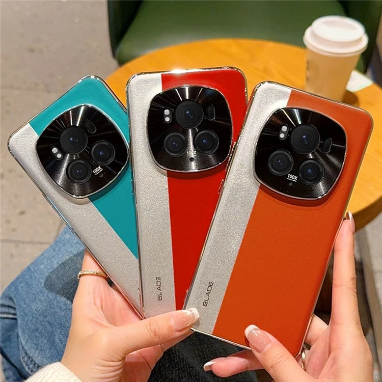For Honor Magic6 Pro 5G Case Splicing PU Leather + TPU Electroplated Phone Cover - Silver + Army Green