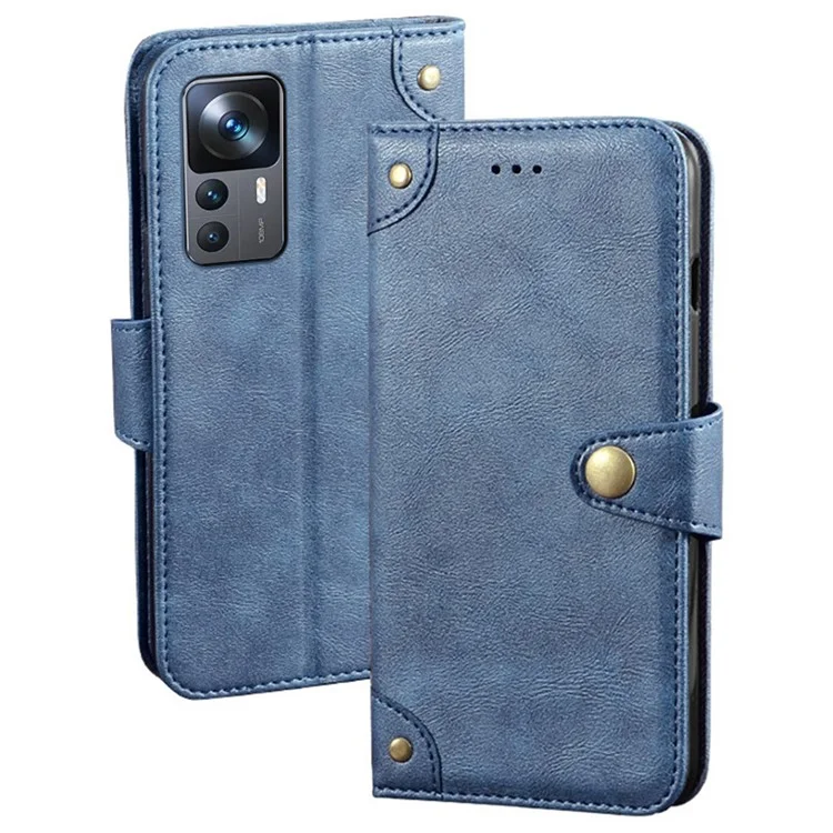 IDEWEI Cell Phone Cover For Xiaomi 12T 5G / Redmi K50 Ultra 5G Anti-drop Phone Case with Gold Button Decor Fine Texture PU Leather Wallet Stand - Blue