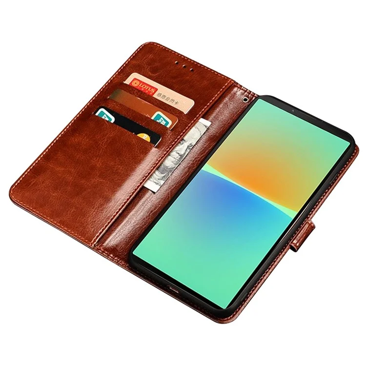 IDEWEI Telefon Brieftasche Hülle Für Sony Xperia 1 IV 5G, Verrückte Pferdestrukturpu Leder Flip Handyabdeckung Mit Ständer - Braun