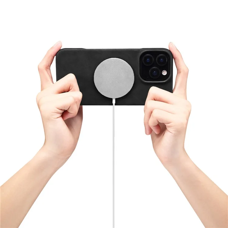 Custodia per iPhone 16 Pro Max Compatibile con MagSafe, Cover Posteriore in Pelle Retrò + PC - Nero