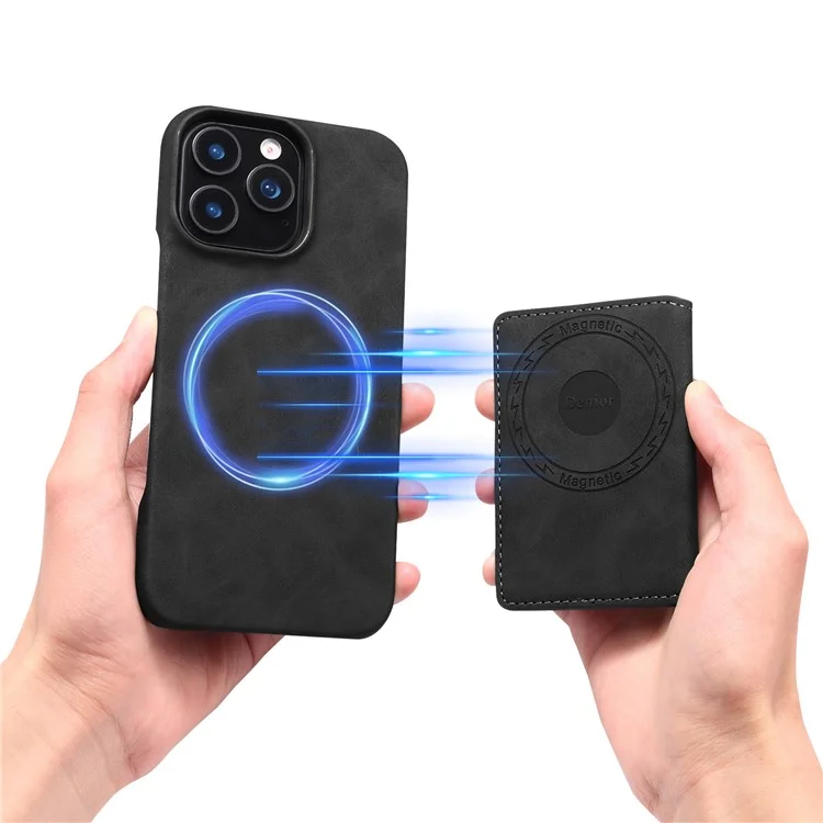 DENIOR D27 para iPhone 16 Pro Max Capa Magnética Bloqueio RFID Retrô em Couro com Porta-cartões Removível - Preto