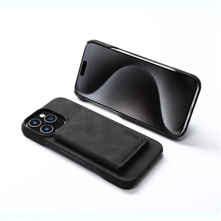 DENIOR D27 para iPhone 16 Pro Max Capa Magnética Bloqueio RFID Retrô em Couro com Porta-cartões Removível - Preto