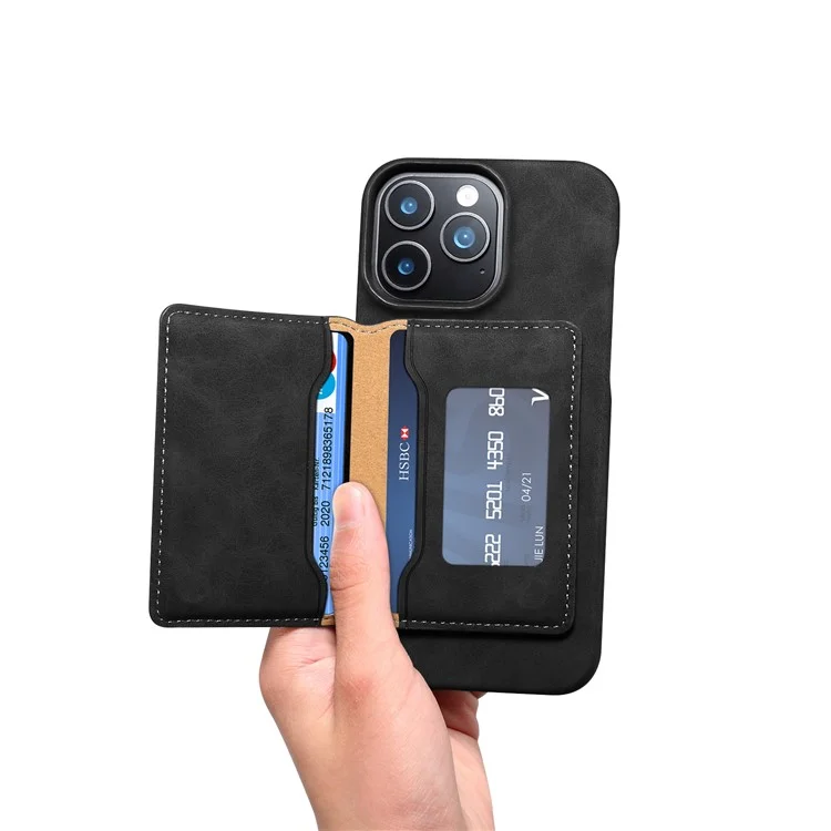 DENIOR D27 For iPhone 16 Pro Magnetic Case RFID Blocking Retro Leather Back Cover with Detachable Card Holder - Black