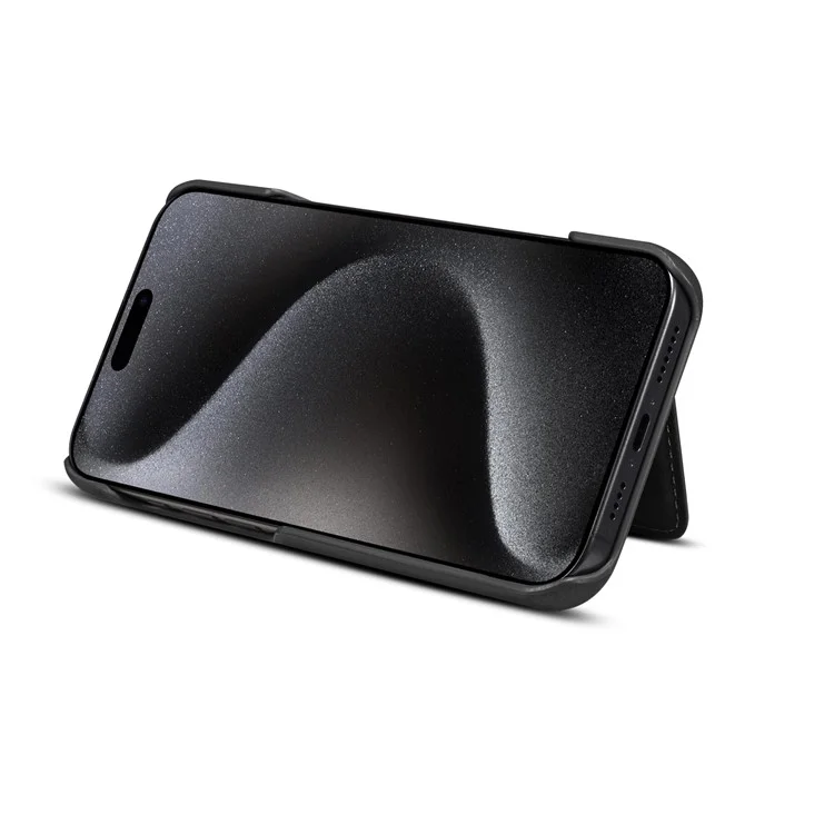 DENIOR D27 For iPhone 16 Pro Magnetic Case RFID Blocking Retro Leather Back Cover with Detachable Card Holder - Black