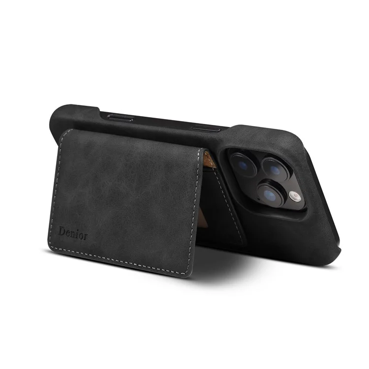 DENIOR D27 For iPhone 16 Pro Magnetic Case RFID Blocking Retro Leather Back Cover with Detachable Card Holder - Black