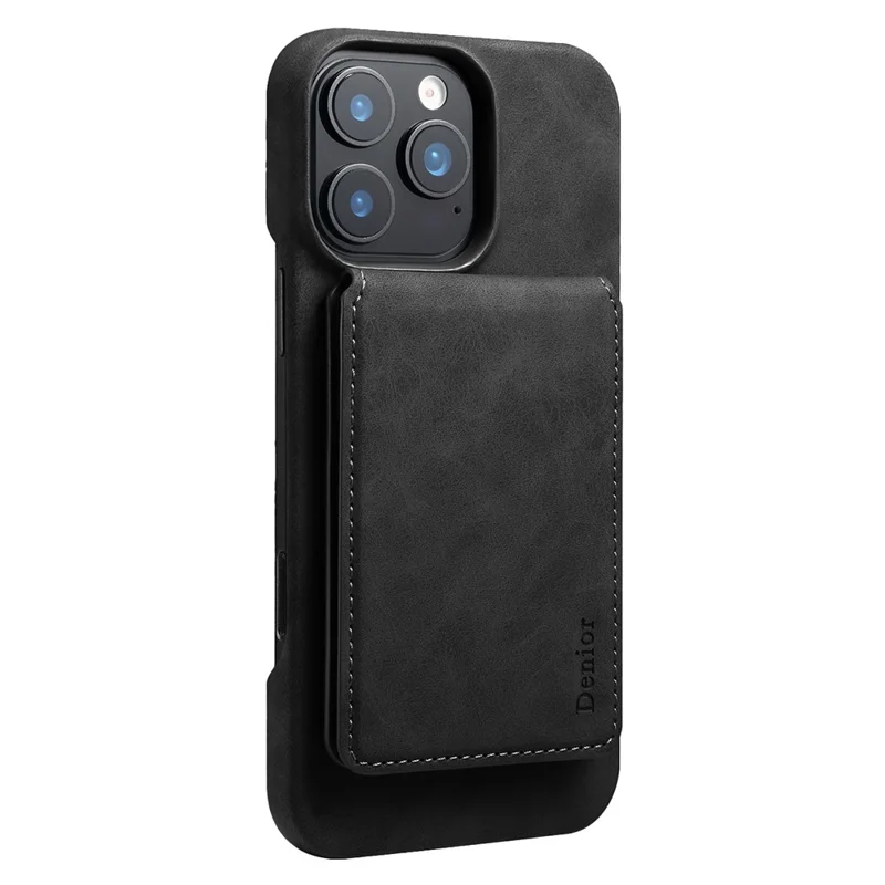DENIOR D28 For iPhone 16 Pro Max Magnetic Case RFID Blocking Retro Leather Back Cover with Card Holder Kickstand - Black