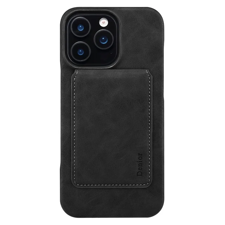 DENIOR D28 For iPhone 16 Pro Max Magnetic Case RFID Blocking Retro Leather Back Cover with Card Holder Kickstand - Black
