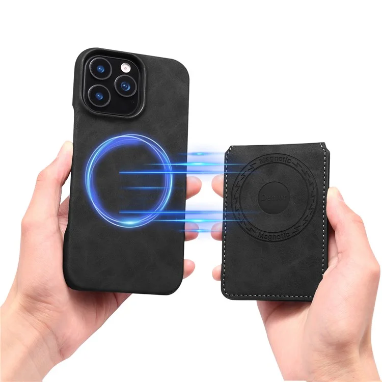 DENIOR D28 For iPhone 16 Pro Max Magnetic Case RFID Blocking Retro Leather Back Cover with Card Holder Kickstand - Black