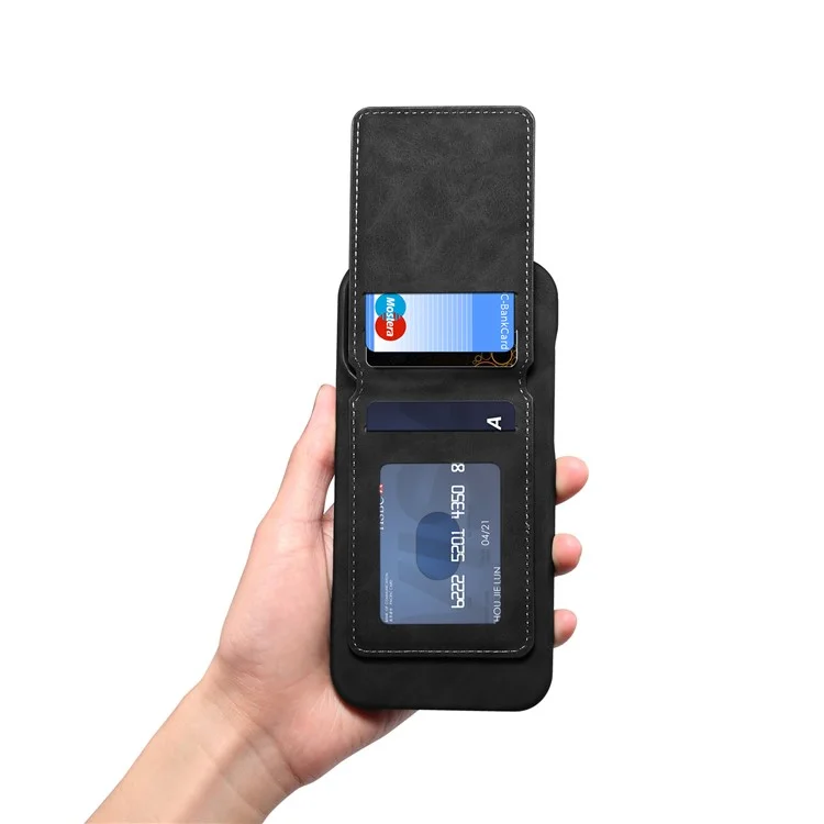 DENIOR D28 For iPhone 16 Pro Max Magnetic Case RFID Blocking Retro Leather Back Cover with Card Holder Kickstand - Black