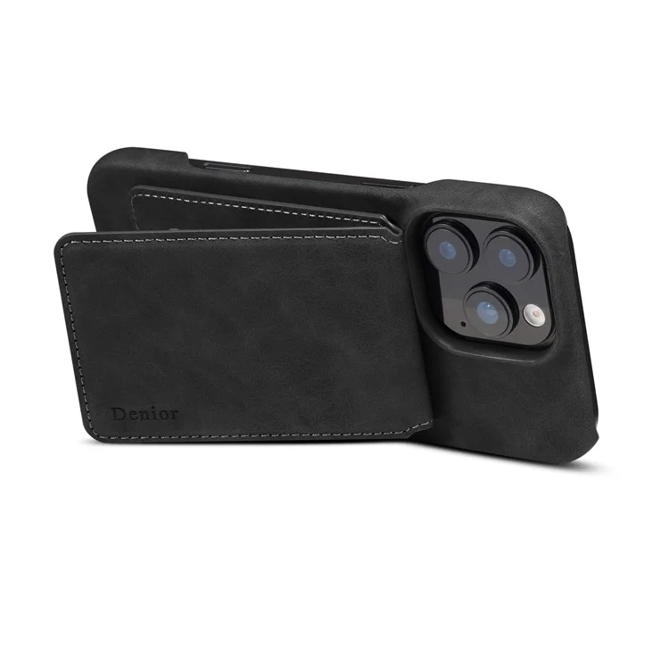 DENIOR D28 For iPhone 16 Pro Max Magnetic Case RFID Blocking Retro Leather Back Cover with Card Holder Kickstand - Black