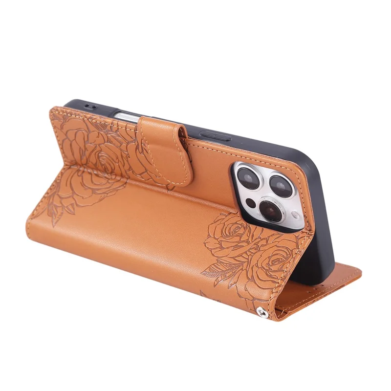 For iPhone 13 Pro Max Case Rose Flower PU Leather Wallet Phone Cover with 3 Card Slots - Brown