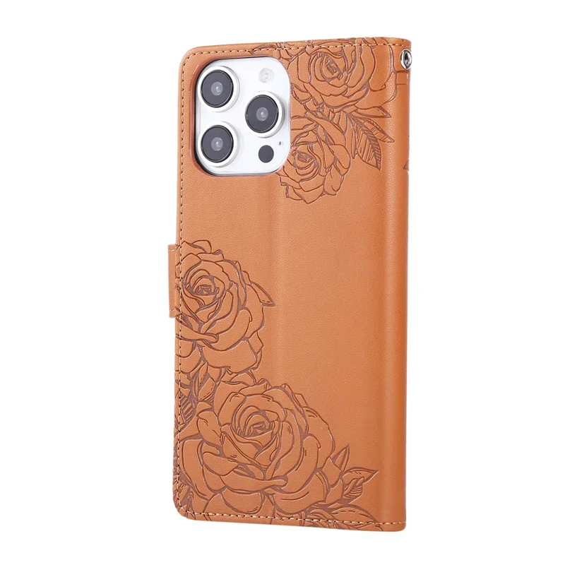 For iPhone 13 Pro Max Case Rose Flower PU Leather Wallet Phone Cover with 3 Card Slots - Brown