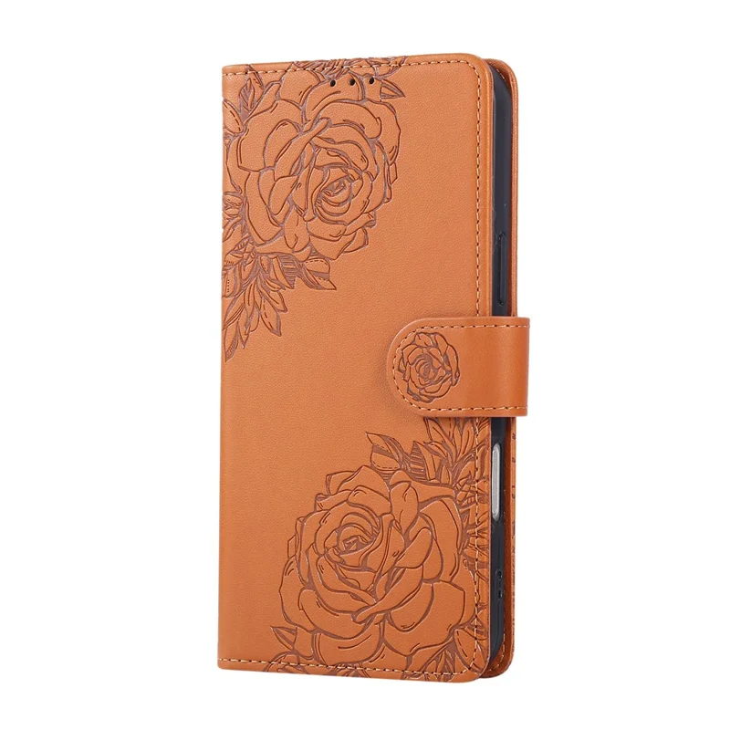 For iPhone 13 Pro Max Case Rose Flower PU Leather Wallet Phone Cover with 3 Card Slots - Brown