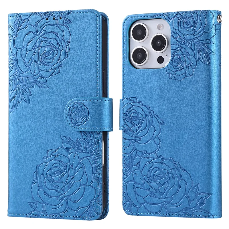 For iPhone 15 Pro Max Case Rose Flower PU Leather Wallet Phone Cover with 3 Card Slot - Blue