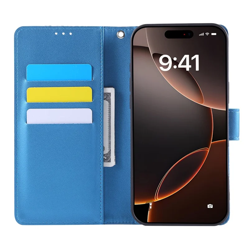For iPhone 15 Pro Max Case Rose Flower PU Leather Wallet Phone Cover with 3 Card Slot - Blue
