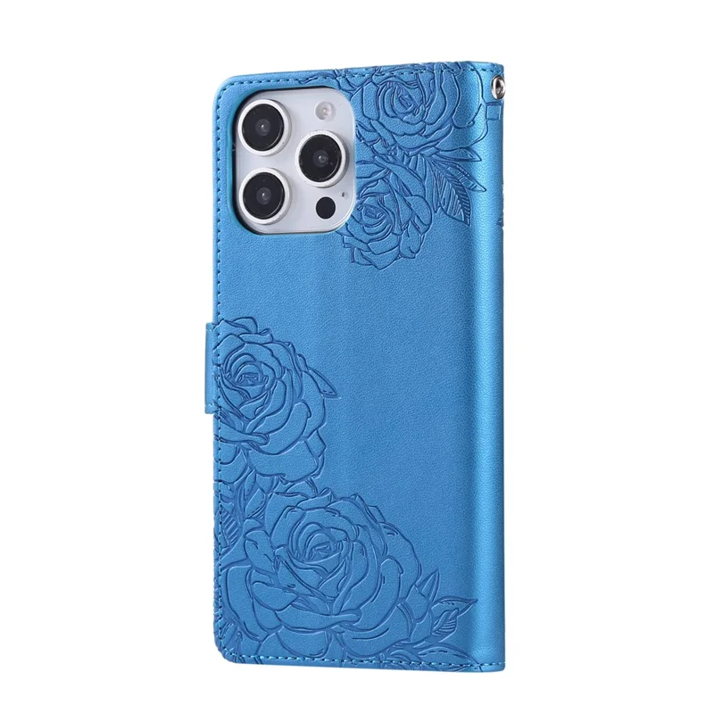 For iPhone 15 Pro Max Case Rose Flower PU Leather Wallet Phone Cover with 3 Card Slot - Blue