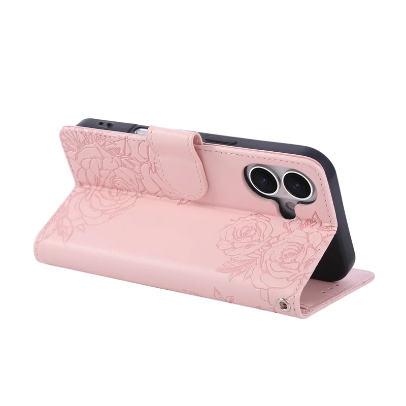 For iPhone 16 Plus Case Rose Flower PU Leather Wallet Phone Cover with 3 Card Slot - Rose Gold