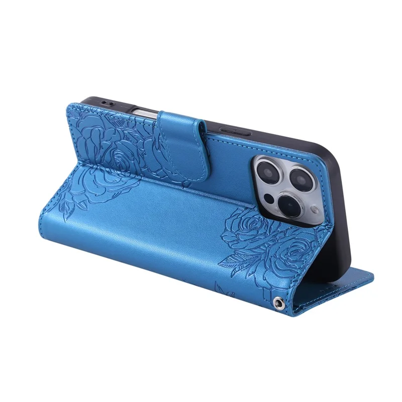 For iPhone 16 Pro Case Rose Flower PU Leather Wallet Phone Cover with 3 Card Slot - Blue