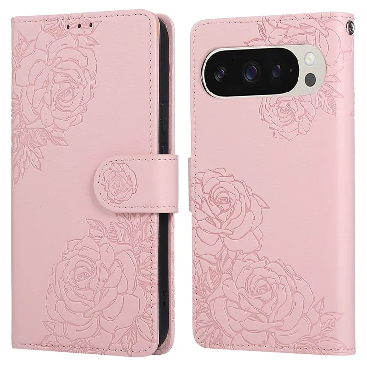 For Google Pixel 9 Pro XL Case Rose Flower PU Leather Wallet Phone Cover with 3 Card Slot - Rose Gold