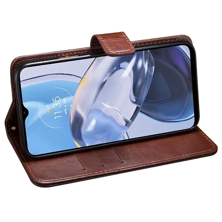 IDEWEI PU Leather Phone Case for Motorola Moto E22 4G / E22i 4G, Magnetic Closure Crazy Horse Textured Flip Wallet Cover Stand - Brown