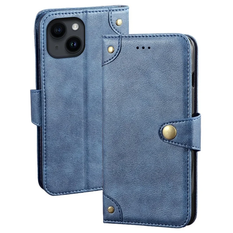 IDEWEI For iPhone 14 Anti-Scratch Phone Case Fine Texture PU Leather Wallet Stand Phone Cover - Blue