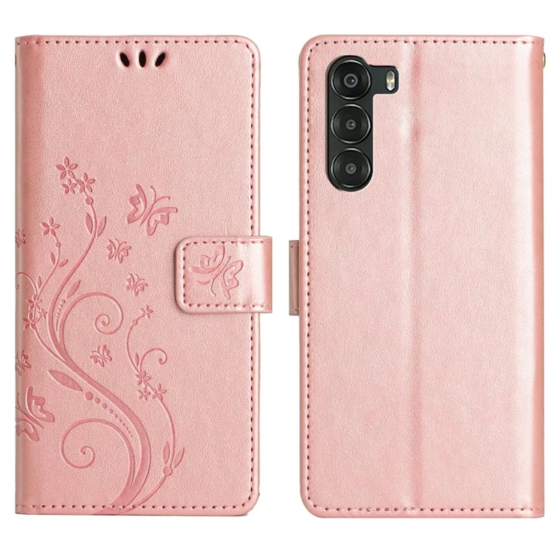 For ZTE nubia S 5G Leather Wallet Case Butterfly Flower Imprinted Phone Cover with Strap - Rose Gold