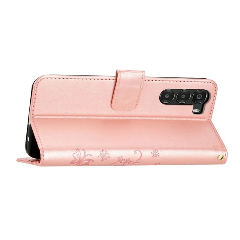 For ZTE nubia S 5G Leather Wallet Case Butterfly Flower Imprinted Phone Cover with Strap - Rose Gold