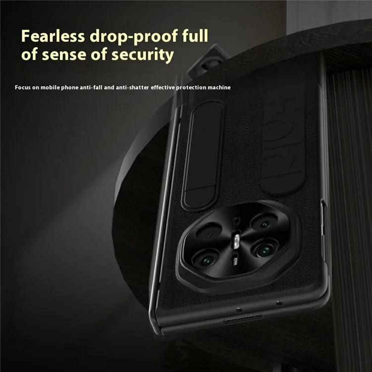 For Huawei Mate X6 Case Wristband Kickstand Genuine Cow Leather + PC Phone Cover with Tempered Glass Film - Black