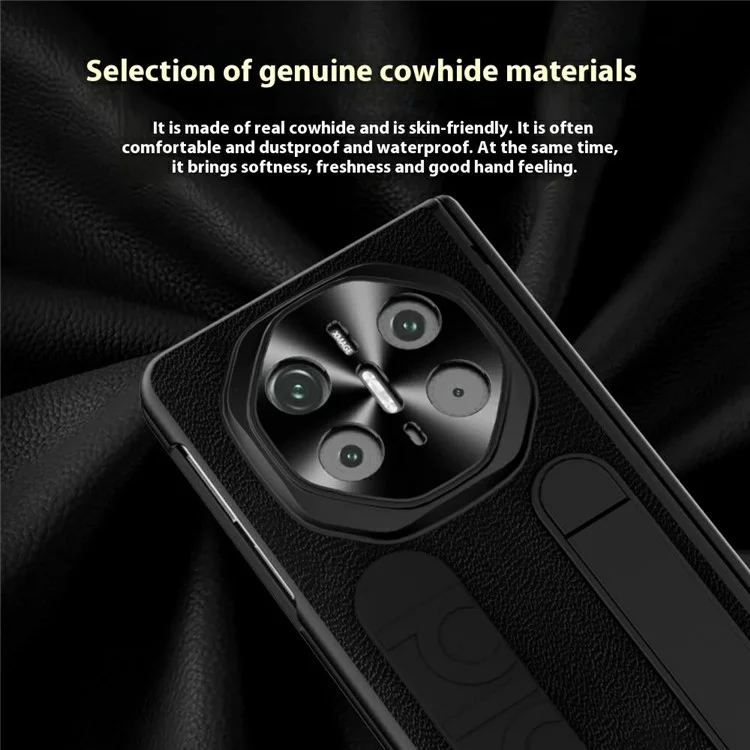 For Huawei Mate X6 Case Wristband Kickstand Genuine Cow Leather + PC Phone Cover with Tempered Glass Film - Black