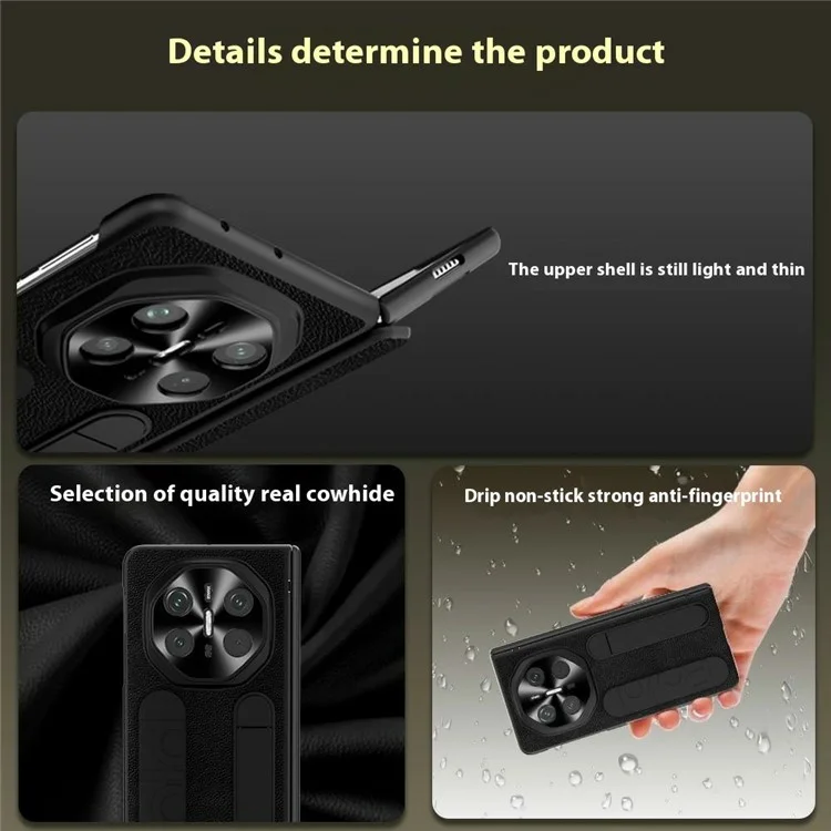 For Huawei Mate X6 Case Wristband Kickstand Genuine Cow Leather + PC Phone Cover with Tempered Glass Film - Black