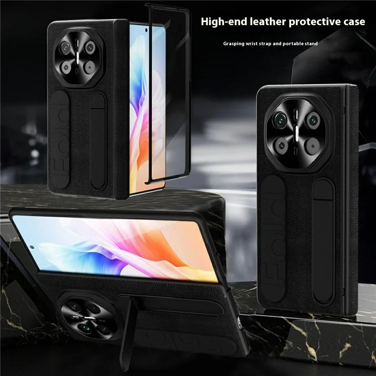 Для Huawei Mate X5 Чехол Наручный ремешок Подставка Натуральная коровья кожа + ПК Чехол для телефона с закаленной стеклянной пленкой - Черный