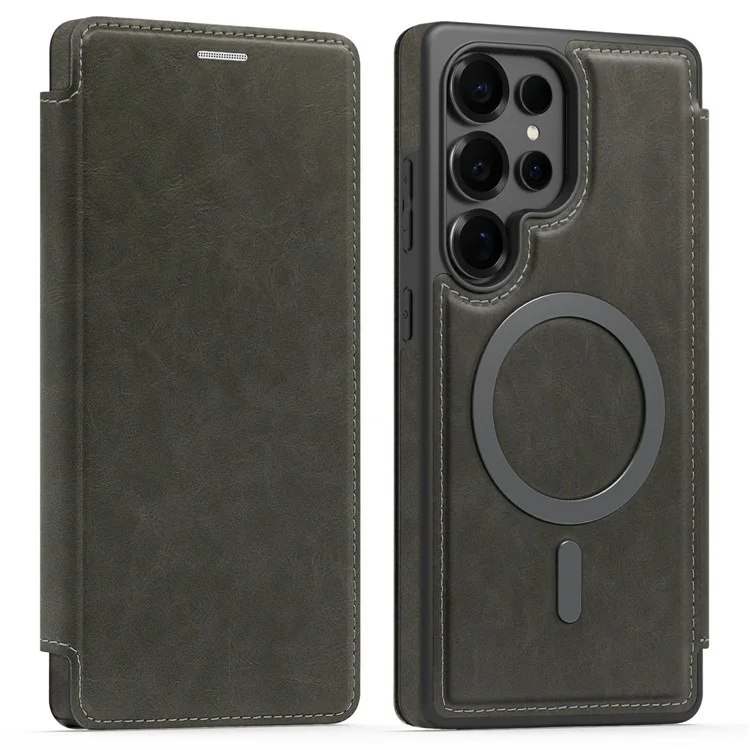Funda de Cuero para Samsung Galaxy S25 Ultra Compatible con MagSafe, Bloqueo RFID, Portadocumentos - Gris Titanio