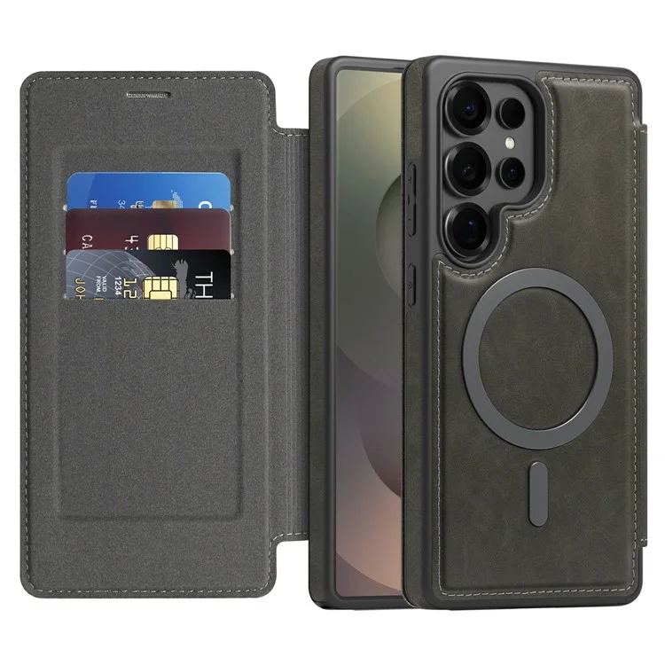 Funda de Cuero para Samsung Galaxy S25 Ultra Compatible con MagSafe, Bloqueo RFID, Portadocumentos - Gris Titanio
