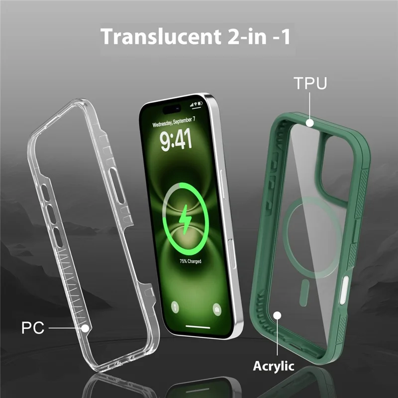 For iPhone 16 Magnetic Case Translucent Detachable 2 in 1 TPU + PC Shockproof Phone Cover - Green