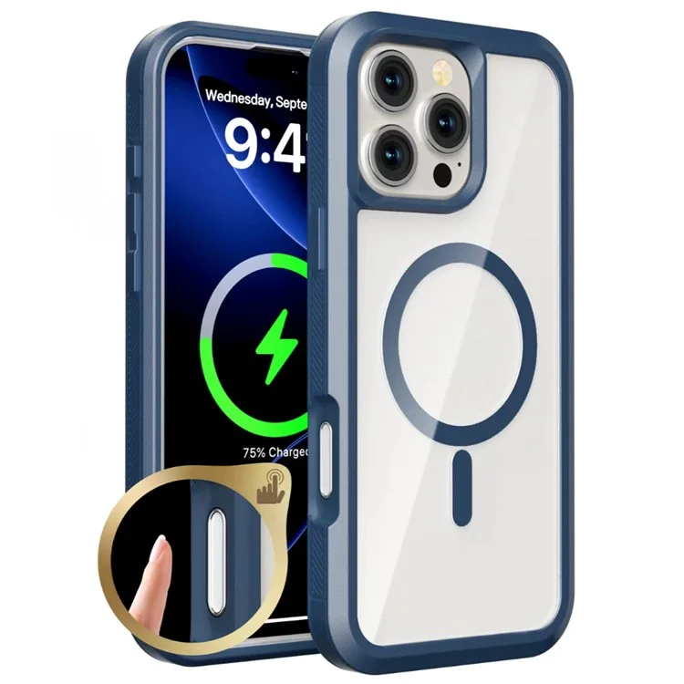 Für iPhone 16 Pro Magnetische Hülle Transparent Abnehmbar 2-in-1 TPU + PC Stoßfeste Handyhülle - Dunkelblau