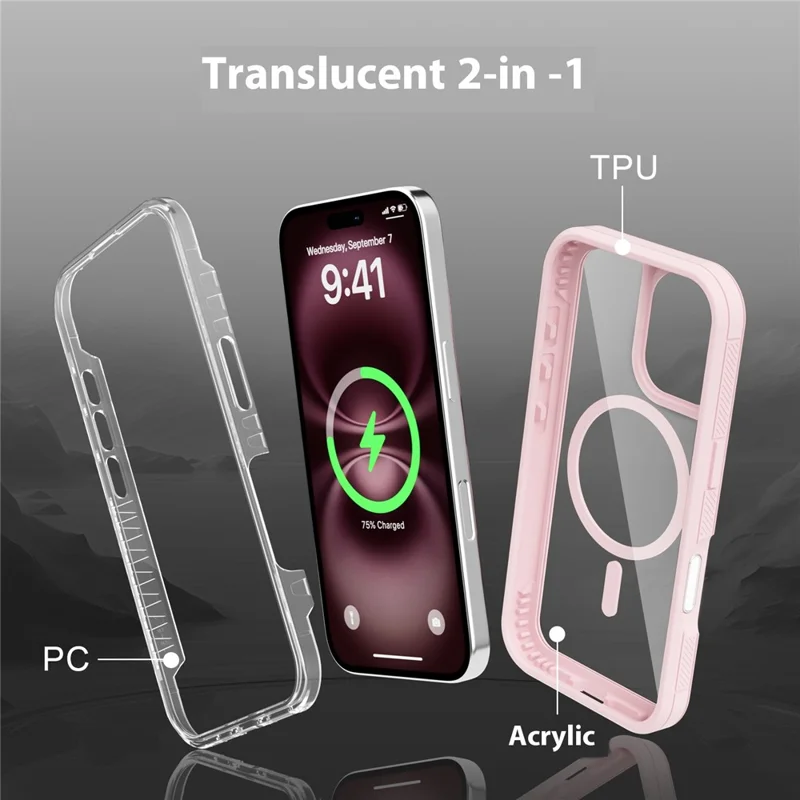 For iPhone 16 Plus Magnetic Case Translucent Detachable 2 in 1 TPU + PC Shockproof Phone Cover - Pink