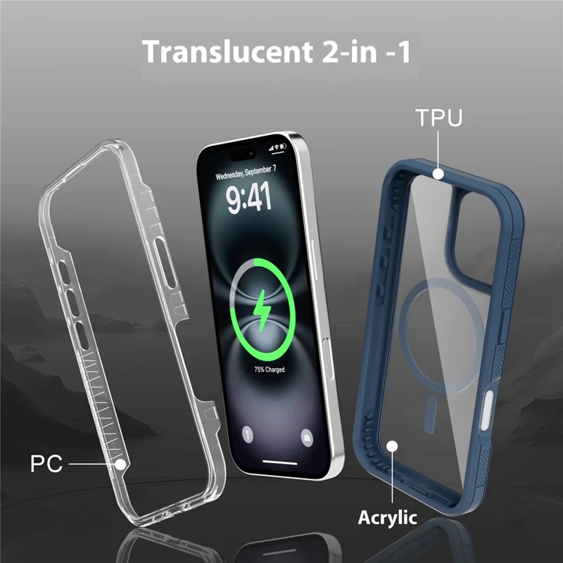 For iPhone 16 Plus Magnetic Case Translucent Detachable 2 in 1 TPU + PC Shockproof Phone Cover - Dark Blue