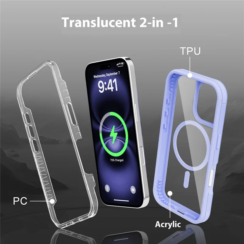 For iPhone 16 Plus Magnetic Case Translucent Detachable 2 in 1 TPU + PC Shockproof Phone Cover - Light Purple