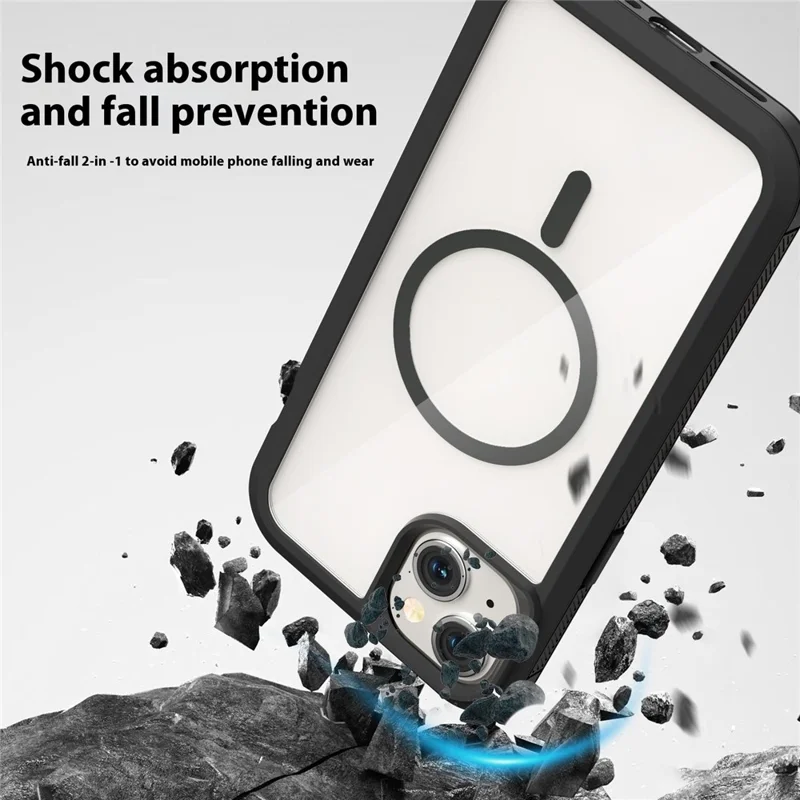 Für iPhone 15 Magnetische Hülle Durchsichtig Abnehmbar 2 in 1 TPU + PC Stoßfest Handyhülle - Schwarz