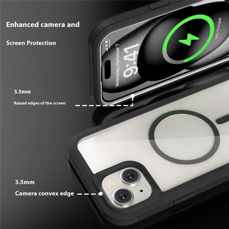 Für iPhone 15 Magnetische Hülle Durchsichtig Abnehmbar 2 in 1 TPU + PC Stoßfest Handyhülle - Schwarz